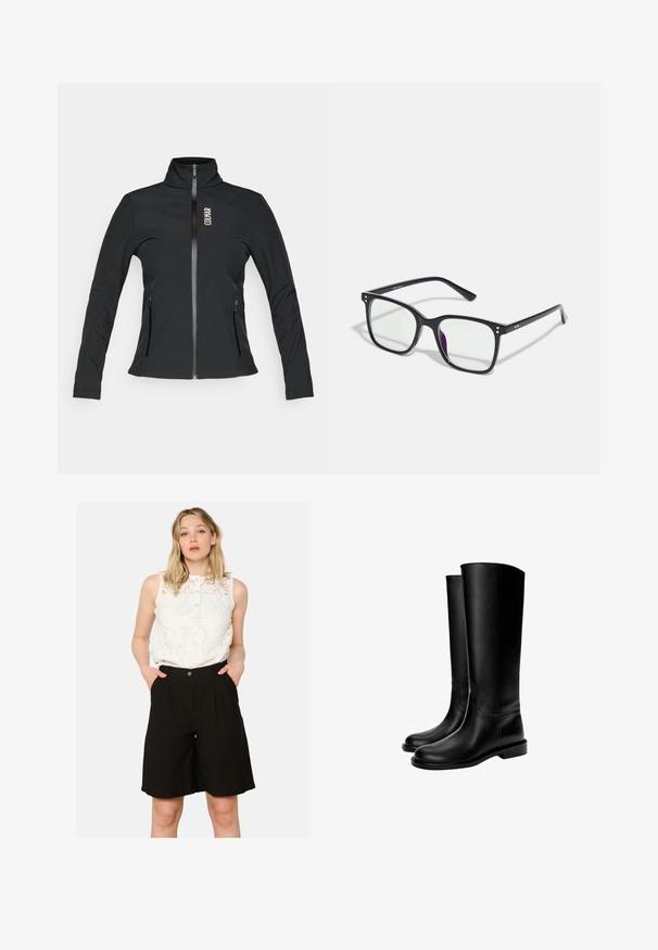 Schwarze Zip-Jacke mit hohem Kragen, langen Ärmeln, zwei seitlichen Reißverschlusstaschen und einem Logo auf der linken Brust. Hergestellt aus einem glatten Material.; Weißes Tanktop aus leichtem Stoff. Verfügt über einen runden Ausschnitt und weite Armausschnitte, mit einer glatten Textur und minimalistischem Design.; Weiße Spitzentop ohne Ärmel mit Knopfkragen, kombiniert mit hochgeschnittenen schwarzen Shorts mit seitlichen Taschen und lockerer Passform.; Schwarze knielange Lederstiefel mit glatter Textur, runder Zehenform, flacher Sohle und minimalistischem Design, mit genähten Nähten und ohne sichtbare Beschläge.; Schwarze rechteckige Brille mit klaren Gläsern, die goldene Akzente im Rahmen aufweist und einen leichten lila Schimmer auf einem der Gläser hat.; Schwarze, glatte Leder Schultertasche mit abgerundetem Deckel, einem einzigen Trageriemen, Reißverschlussverschluss und kleinem silbernen Logo-Emblem in der Mitte vorne.