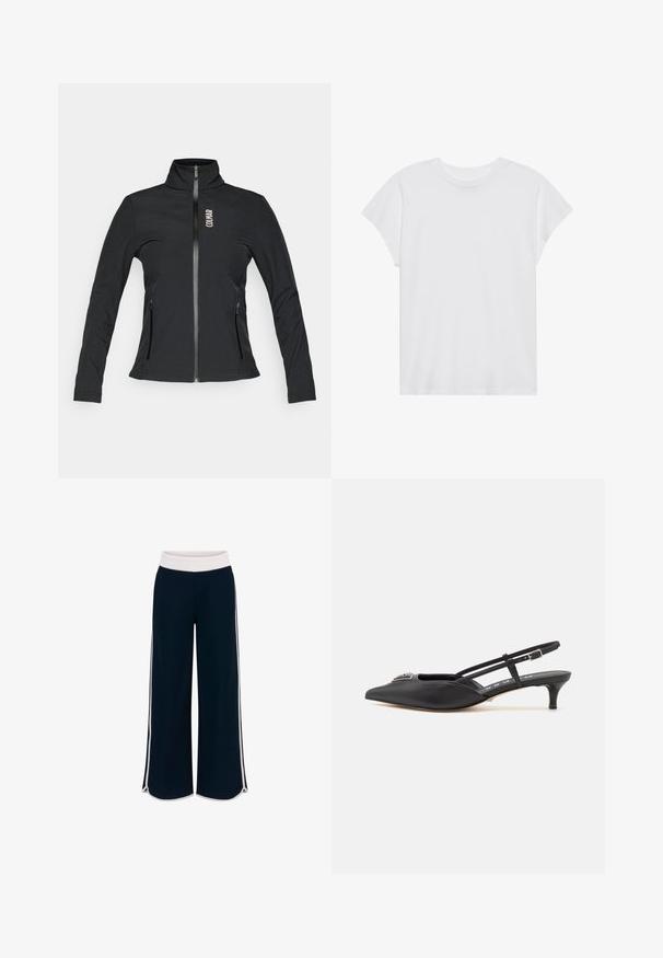 Black zip-up jacket with a high collar, long sleeves, two zippered side pockets, and a logo on the left chest. Made from a smooth material.; White short-sleeve t-shirt with a round neck, relaxed fit, made of soft cotton fabric. Smooth texture, no patterns or logos.; Navy wide-leg pants with a white elastic waistband and contrasting side stripes. Smooth texture with a relaxed fit and side slits at the hem.; Black slingback shoes with a pointed toe, made of smooth material, featuring a small heel and a decorative silver accent on the vamp.