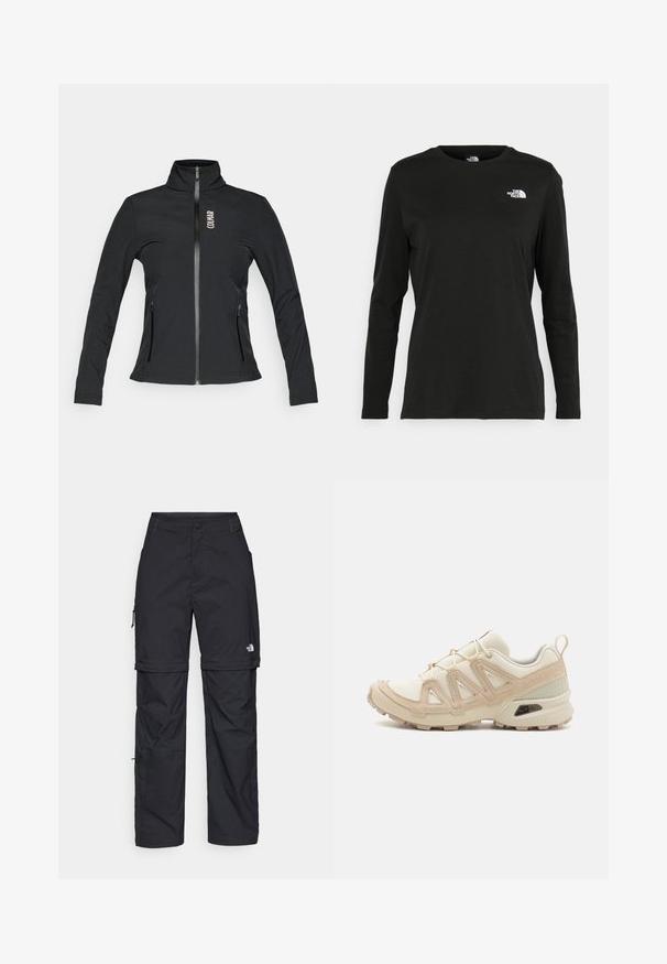 Black zip-up jacket with a high collar, long sleeves, two zippered side pockets, and a logo on the left chest. Made from a smooth material.; Black long-sleeve t-shirt made of cotton with a round neck. Features a small white logo on the left chest area. Simple design and fit.; Black nylon zip-off cargo trousers with adjustable cuffs, multiple pockets, and a logo on the right leg. Smooth, lightweight texture.; Beige and cream athletic shoe with textured mesh upper, supportive overlays, and rubber outsole featuring a tread pattern for traction.