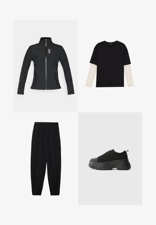 Black zip-up jacket with a high collar, long sleeves, two zippered side pockets, and a logo on the left chest. Made from a smooth material.; Black T-shirt made of cotton, featuring short sleeves over a white long-sleeve layer with a subtle textured pattern. Crew neckline design.; Black, lightweight pants with an elastic waistband and gathered ankles. The fabric is smooth and features a relaxed, tapered design.; Black sneakers with a chunky rubber sole, textured fabric upper, round toe, and lace-up design. Features reinforced eyelets and back pull tab.