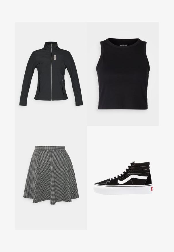 Must nagu tõmblukuga jope kõrge kraega, pikkade varrukatega, kahe tõmblukuga küljetaskuga ja logo vasakul rinnal. Valmistatud siledast materjalist.; Mustard ribaga lõhikuga crop top, millel on ümar kaelus ja ilma varrukateta disain. Valmistatud pehmest ja venivast kangast, millel on puhtad äärised.; Mustvalge ruuduline skater seelik, millel on sobiv vöökoht ja laienev ääreosa, valmistatud tekstuurilisest kangast, mis näitab klassikalist mustrit.; Mustad mustad sneakers valge paeltega, valge logo ja kontraste valge õmblusega. Omab paksu valget talda ja tekstureeritud nahkiga ülemist osa.