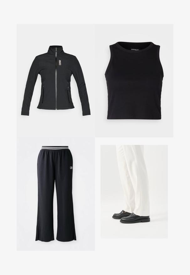Schwarze Zip-Jacke mit hohem Kragen, langen Ärmeln, zwei seitlichen Reißverschlusstaschen und einem Logo auf der linken Brust. Hergestellt aus einem glatten Material.; Schwarzes, geripptes Cropped Tanktop mit rundem Ausschnitt und ärmellosem Design. Hergestellt aus weichem, dehnbarem Material, mit sauberen, gekettelten Kanten.; Schwarze Sporthosen mit weitem Beinschnitt, elastischem Bund mit schwarz-weißen Streifen und seitlichen Schlitzern am Saum.; Schwarze Lederloafers mit glatter Textur, mit Stichdetails und runder Zehenform, kombiniert mit weißen maßgeschneiderten Hosen.