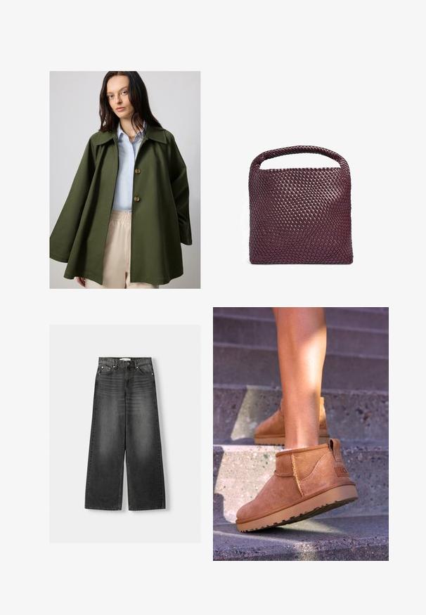 Olivengrøn, oversized jakke med en bred krave og to store knapper, parret med en lys blå skjorte. Letvægtsstof, glat tekstur.; Sort crew-neck sweater med lange ærmer, ribbede manchetter og kant, lavet af blødt materiale. Enkel, ren design uden mønstre eller aksenter.; Bredde ben, højtaljede jeans i mørkegrå denim. Har fem lommer, metalnitter og bæltestropper. Glat tekstur med let falming.; Tan ruskind ankelstøvler med en blød tekstur, stikninger og en gummisål, der har en løkkehælkappe for nem på- og aftagning.; Vævet læderhåndtaske i dyb burgunder, firkantet form med et afrundet håndtag og struktureret overflademønster. Minimalistisk design.