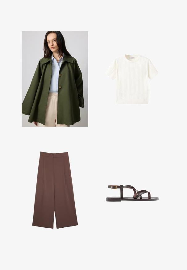 Olivengrøn, oversized jakke med en bred krave og to store knapper, parret med en lys blå skjorte. Letvægtsstof, glat tekstur.; Hvid kortærmet sweater med et kabelstrik mønster, rund halsudskæring og ribbet kant. Blød tekstur, afslappet pasform og rent design.; Brune bredbunde bukser med en glat tekstur, der har høj talje og plisseringer foran. Stoffet er let og falder løst.; Brune lædersandal med krydsende stropper, ankelspænde og en flad sål med minimale syninger.