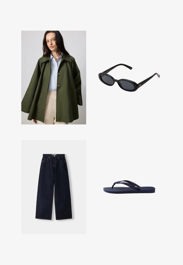 Olivengrøn, oversized jakke med en bred krave og to store knapper, parret med en lys blå skjorte. Letvægtsstof, glat tekstur.; Hvid bomuld t-shirt med korte ærmer, rund hals og en glat tekstur. Bagsiden er ensfarvet uden ekstra mønstre eller designs.; Mørkeblå denim wide-leg jeans med høj talje, fem lommer, kontraststing og sølvfarvet metalbeslag. Glat overflade og pæn finish.; Mørkeblå flip-flop med teksturerede gummistropper og sål, med et bølget mønster på stropperne og en flad, rillede fodseng.; Store store