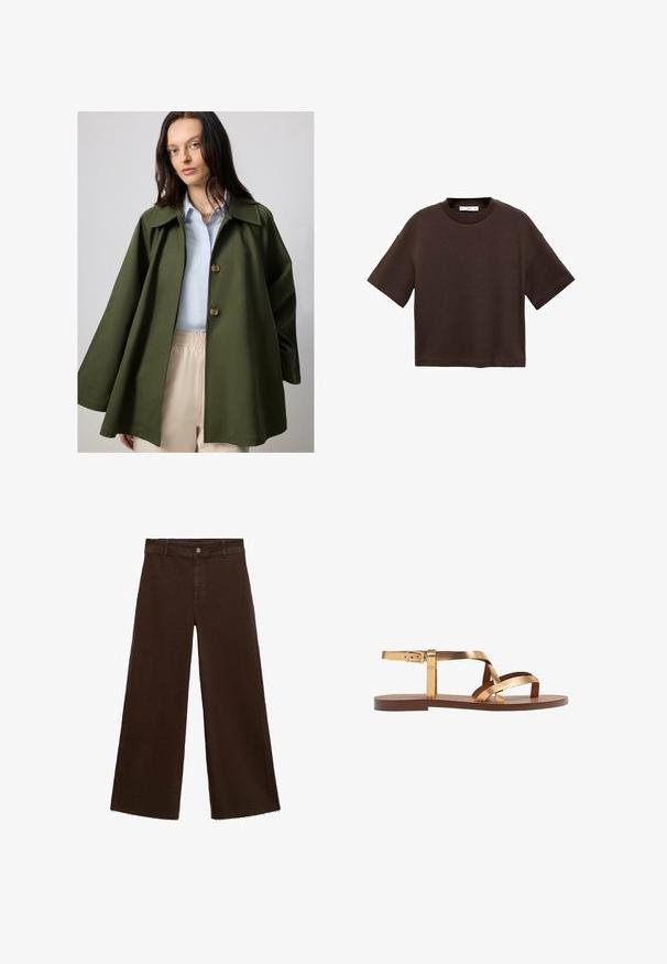 Maslinasto zelena, prevelika jakna sa širokim ovratnikom i dva velika dugmeta, kombinovana sa svijetloplavom košuljom. Lagana tkanina, glatka tekstura.; Smeđi kratki rukav majica od mekog pamuka. Ima okrugli izrez i širok kroj, s glatkom teksturom i bez vidljivih uzoraka.; Smeđe široke hlače od pamuka, s raspucanim rubom, prednjim kopčanjem na dugme i klasičnim dizajnom s pet džepova. Minimalističke i svestrane.; Zlatne metalne ravne sandale s više širokih remena, remenom oko gležnja sa kopčom i smeškim ravnim đonom. Glatka tekstura kroz cijelu obuću.