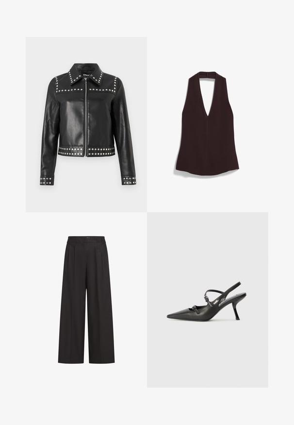 Giubbotto di pelle nera con borchie argentate lungo le spalle, i polsini e l'orlo, con chiusura a zip e design del colletto classico.; Top halter senza maniche di colore marrone con scollatura a V profonda, realizzato in tessuto liscio e con orlo dritto. Design semplice, privo di motivi o decorazioni.; Pantaloni larghi neri a vita alta, con pieghe frontali e una texture morbida. Realizzati in un tessuto leggero.; Scarpe slingback nere in pelle con punta affilata, tacco sottile e dettaglio decorativo a fibbia sulla tomaia. Texture liscia e design elegante.