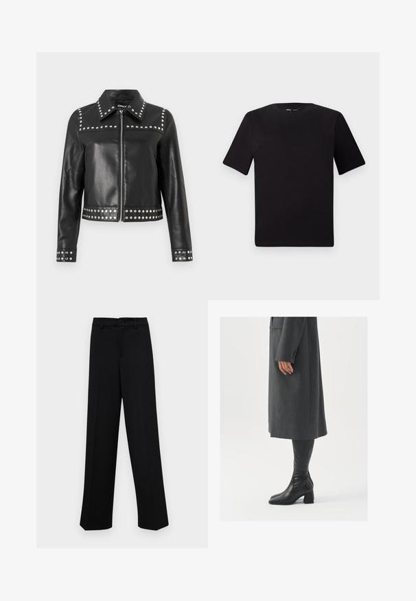 Black leather jacket featuring silver studs along the shoulders, cuffs, and hem, with a zip closure and a classic collar design.; Black short-sleeve t-shirt with a round neckline, crafted from soft cotton fabric. Simple design, no visible logos or patterns.; Black wide-leg trousers made of smooth fabric, featuring a classic waistband with a button closure and front pleats.; Gray, tailored overcoat with a straight cut; paired with knee-high black leather boots featuring a square toe and chunky heel.
