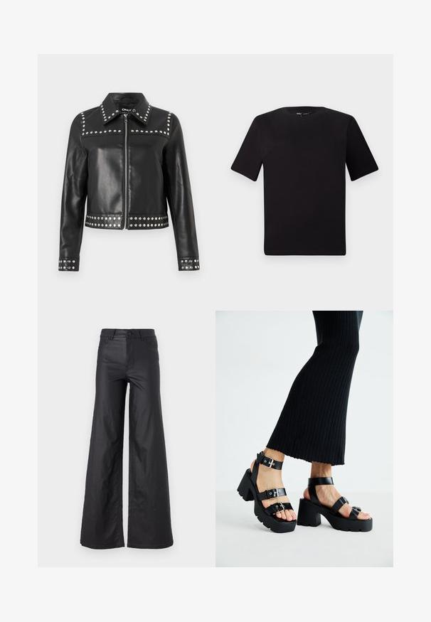 Čierna kožená bunda so striebornými nitmi pozdĺž ramien, manžiet a dolného okraja, so zipsom a klasickým golierom.; Čierne tričko s krátkym rukávom a okrúhlym výstrihom, vyrobené z mäkkej bavlny. Jednoduchý dizajn, bez viditeľných log alebo vzorov.; Čierne široké nohavice z materiálu imitujúceho kožu. Majú vysoký pás, pútka na opasok, dve predné vrecká a šité detaily.; Čierne platformové sandále s robustnými, zúbkovanými podrážkami a viacerými popruhmi, s kovovými prackami a hladkým textúrou pripomínajúcou kožu.