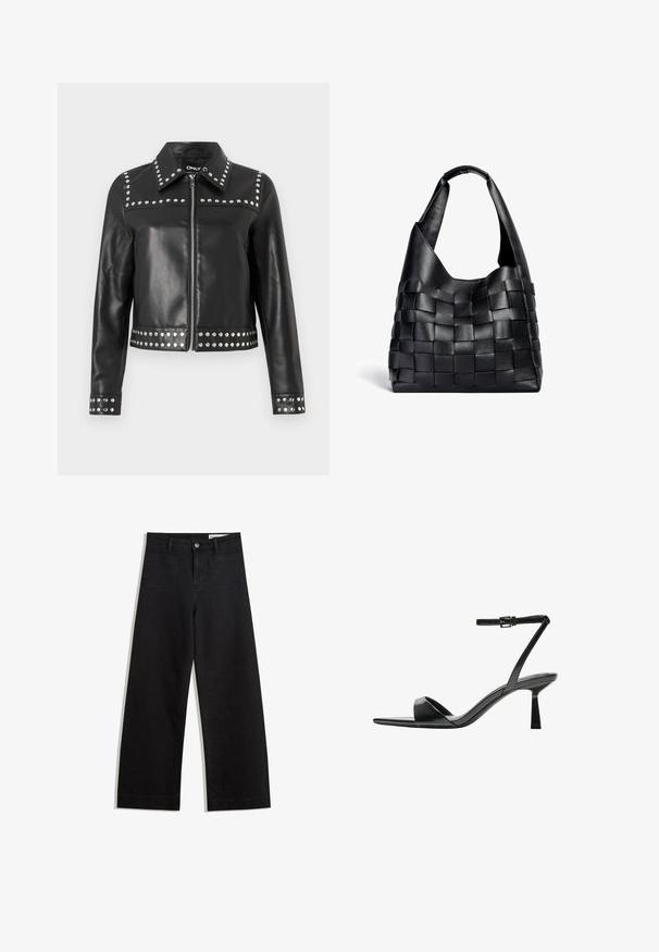 Veste en cuir noire avec des rivets en argent le long des épaules, des poignets et de l'ourlet, fermée par un zip et avec un design de col classique.; Tissu en coton noir avec une texture lisse et un col rond, présentant un motif grainé subtil et uniforme. Pas de logos ou d'accents visibles.; Pantalon en denim noir à jambes larges avec une taille haute, comprenant des poches avant et arrière, des coutures piquées et une fermeture à bouton. Texture lisse.; Bershka Sandales à talons hauts - black; Sac cabas en cuir noir tissé avec une forme décontractée et une large bandoulière. Caractéristiques d'un design texturé et entrelacé avec une finition lisse.