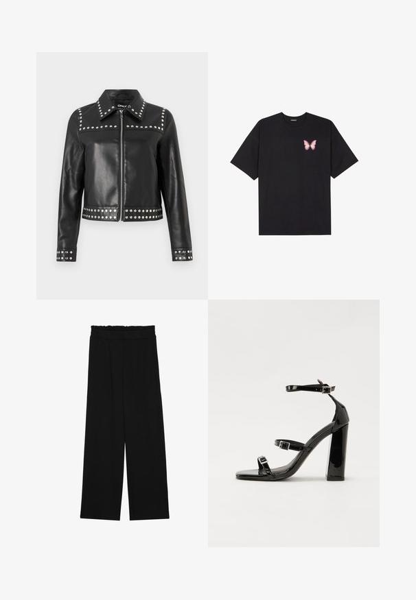 Veste en cuir noire avec des rivets en argent le long des épaules, des poignets et de l'ourlet, fermée par un zip et avec un design de col classique.; T-shirt en coton noir à manches courtes, avec un petit graphique de papillon rose sur la poitrine gauche. Modèle à col rond avec une coupe décontractée.; Pantalons larges noirs à taille volante, dotés de deux poches latérales et d'un tissu lisse et léger. Pas de motifs ni de matériel visible.; Sandales à talons vernies noires avec un bout carré, des sangles autour de la cheville et des boucles en argent. Dotées d'un talon bloc épais pour plus de stabilité.