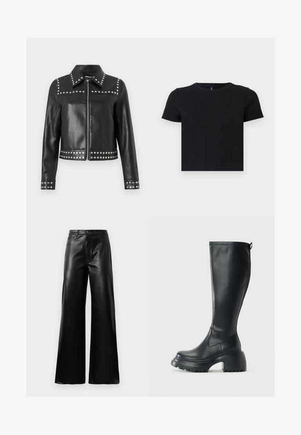 Jachetă din piele neagră, cu ținte argintii pe umeri, mânșoni și margine, cu închidere cu fermoar și un design clasic al gulerului.; Tricou negru cu mânecă scurtă, fabricat din bumbac moale. Dispune de un guler rotund și un design ajustat. Textură netedă, fără modele sau accente.; Pantaloni negri cu talie înaltă, largi, din piele sintetică, cu nasture frontal, închidere cu fermoar, bucle pentru centură și buzunare laterale pe fundal alb.; Cizme lungi din piele neagră cu talpă platformă masivă și tocul pătrat, având un tab de tragere și un model texturat pe talpa exterioară.