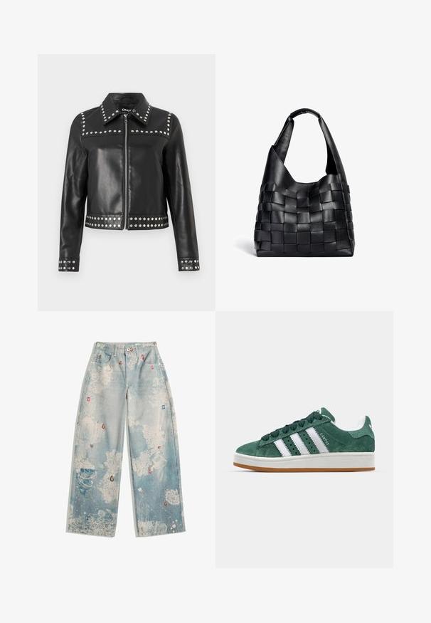Crna kožna jakna s srebrnim zakovicama duž ramena, manžeta i rubova, s zatvaranjem na zip i klasičnim dizajnom ovratnika.; Crni rebrasti top bez rukava s visokom ovratnikom. Ima uski kroj i mekanu teksturu.; Svijetloplavi traperice širokog kroja, s istrošenim dizajnom i apstraktnim uzorcima, ukrašene šarenim, draguljskim naglascima.; Zelene nubuk tenisice s bijelim kožnim prugama, gumeni potplat, podstavljeni ovratnik i minimalistički dizajn. Ima oznaku branda sa strane.; Crna kožna torba za nošenje s pletenim uzorkom, opuštenog oblika i širokim remenom za ramena. Ima teksturirani, isprepleteni dizajn s glatkom završnom obradom.