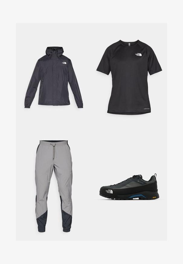 Black, lightweight jacket with a hood, zip front, elastic cuffs, and logo detail on the chest. Made from water-resistant material.; Black short-sleeve athletic shirt with a textured fabric, featuring a white logo on the left chest and a straight hem.; Lightweight, gray athletic pants with black accents. Elastic waistband, drawstring closure, tapered leg design, and side pockets.; The North Face VERTO ALPINE GORE TEX - Hiking shoes - asphalt grey/tnf black