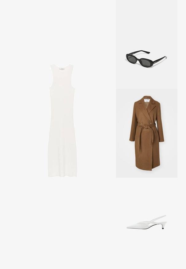Manteau en mélange de laine marron avec un design croisé, large revers, ceinture à la taille et deux poches latérales. Texture lisse et coupe ajustée.; Robe blanche sans manches en tricot ribé, à la silhouette ajustée, arrivant sous les genoux. Design simple et minimaliste, sans motifs ni accessoires.; Escarpin blanc à brides arrière avec un bout pointu, présentant un dessus lisse, des découpes discrètes et un petit talon bloc. La semelle noire met en valeur le design.; Lunettes de soleil noires avec des verres ovales, monture en plastique brillant et branches fines. Présente le logo Ray-Ban en blanc sur le côté.; Sac à main en cuir noir avec une forme rectangulaire structurée. Équipé d'un fermoir ovale doré et d'une fine bandoulière. Texture lisse.