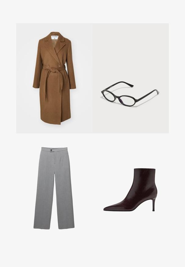 Brown wool blend coat with a double-breasted design, wide lapels, belt at waist, and two side pockets. Smooth texture and tailored fit.; Dark gray knitted sweater with a round neckline, long sleeves, and ribbed hem. The fabric appears soft and textured, with a relaxed fit.; Gray tailored trousers with a wide leg, flat front, and subtle texture. Features a single button closure and clean lines.; Burgundy leather ankle boot with a pointed toe, sleek design, and a high stiletto heel. Smooth texture with subtle grain detailing.; Black oval-frame glasses with translucent purple accents on the lenses. Frames have a matte finish and slender, straight temples.; Black leather tote bag with a structured shape, dual handles, and gold hardware accents. Features a smooth texture and a decorative tag.