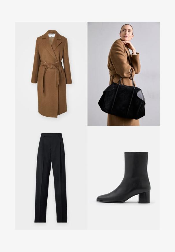 Cappotto in misto lana marrone con design doppiopetto, ampi risvolti, cintura in vita e due tasche laterali. Tessuto liscio e vestibilità sartoriale.; Pullover nero a maniche lunghe con collo alto, rifinito con polsini e orlo a coste, mostrato su uno sfondo bianco semplice.; Pantaloni neri realizzati in tessuto morbido, caratterizzati da vita alta, gambe larghe, pince frontali e classiche passanti per cintura. Non ci sono tasche laterali visibili.; Stivali ankle in pelle nera con punta affusolata e tacco quadrato grosso. Texture liscia con un design senza cuciture e cuciture minimaliste.; Borsa in suede nero con dettagli in pelle, forma strutturata e due manici robusti, portata da una figura in un cappotto marrone.