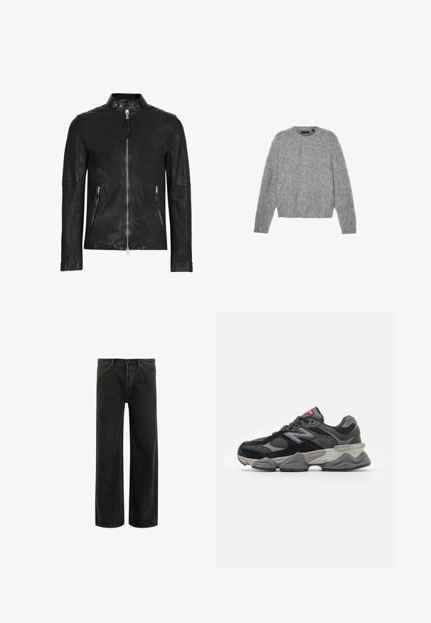 Juodas odinis švarkas su aukštu apykakle, priekyje užsegamas zipu, su dviem užtrauktukais uždaromomis kišenėmis, pasižymintis lygiu paviršiumi ir prigludusia forma.; Pilkas, ilgomis rankovėmis megztinis, pagamintas iš pūkuoto audinio, su apvalia iškirpte ir trumpu kirpimu. Lygus paviršius su švelnia, lengva išvaizda.; Žalias medvilninis marškinėliai su trumpomis rankovėmis, įpjautu apykakle ir išsiuvinėtu Nike logotipu ant krūtinės. Turi lygų paviršių ir laisvą pritaikymą.; Juodi džinsai plačiomis kojomis su aukštu liemeniu, su klasikinio penkių kišenių dizainu ir švelniu prasiskverbimu dėl tekstūruotos išvaizdos.; Juodos ir pilkos sportbačiai su zomšos ir tinklelio medžiagų mišiniu, storu padu, išsiskiriančiu logotipu ir raudona akcentu ant liežuvėlio.