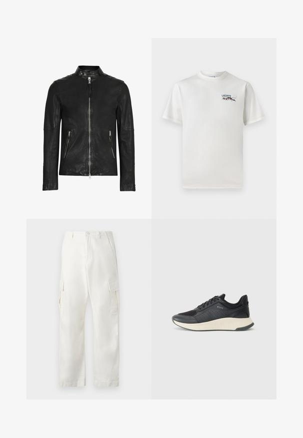 Črna usnjena jakna z visokim ovratnikom, sprednjim zadrgo in dvema žepoma z zadrgo, ki ima gladko teksturo in oprijet dizajn.; Bela bombažna majica s krožnim ovratnikom, kratkimi rokavi in majhnim izvezenim logotipom, ki vsebuje gore in besedilo na levi prsni strani.; Bela cargo hlače iz bombaža, z ravnim krojem, dvema stranskima žepoma in dvema cargo žepoma na stegnih.; Črne športne superge z mrežasto zgornjico z perforacijami, teksturiranim srednjim delom v kremni barvi in gumijastim podplatom za oprijem.
