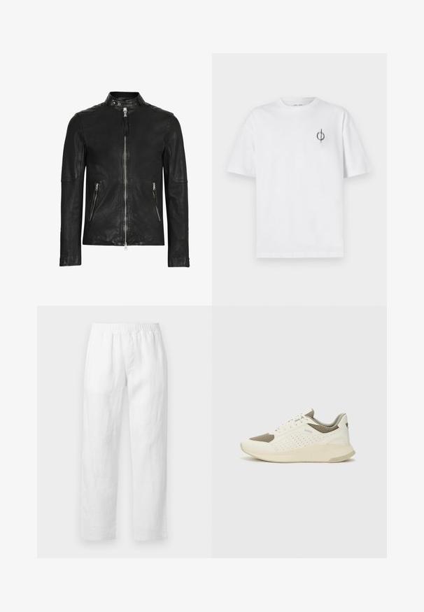 Black leather jacket with a high collar, front zip closure, and two zippered pockets, featuring a smooth texture and fitted design.; White cotton t-shirt with a relaxed fit, featuring a small black graphic logo on the left chest area. Short sleeves, crew neck style.; White linen pants featuring an elastic waistband, straight-leg fit, and soft texture with no visible patterns or hardware details.; White and light beige athletic sneaker, featuring a mesh upper, perforated detailing, and a textured midsole with branding on the heel.