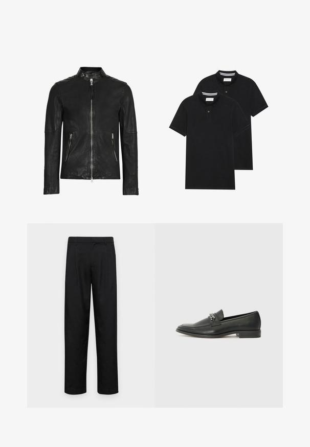 Czarna skórzana kurtka z wysokim kołnierzem, zamkiem błyskawicznym z przodu i dwoma kieszeniami na zamek, charakteryzująca się gładką teksturą i dopasowanym krojem.; Dwie czarne koszulki polo z krótkim rękawem, wykonane z materiału bawełnianego, z klasycznym kołnierzykiem, z zapięciem na dwa guziki oraz białymi paskami wewnątrz kołnierza.; Czarne spodnie wykonane z gładkiego materiału, z prostą nogawką, dwoma fałdami z przodu oraz standardowym paskiem z wypustkami na pasek.; Czarne skórzane mokasyny o gładkim wykończeniu, z haftowanym wzorem i dekoracyjnym akcentem z metalowego łańcucha na wierzchu. Płaska pięta.