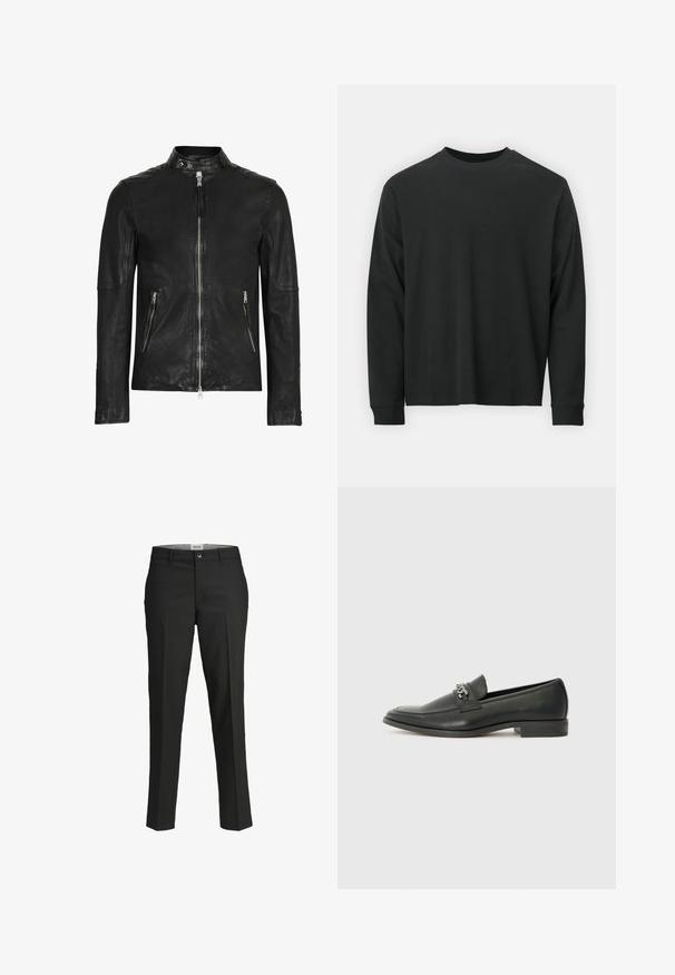 Must musta jope kõrge kraega, esi tõmbluku sulgemisega ja kahe tõmbluku taskuga, millel on sile tekstuur ja sobiv disain.; Pika pikkade varrukatega must T-särk, mis on valmistatud puuvillast, ümarate kaelustega, lohvaka lõikega ja soonikute mansettidega. Sujuv tekstuur, ilma nähtavate mustriteta.; Mustad püksid, kohandatud lõige, sile kangas, keskmise kõrgusega vöökoht, ees nupuga sulgemine, diagonaalsed taskud ja voldid jalgade all.; Must haveate nahkking punased, millel on sile viimistlus, tikitud muster ja dekoratiivne metallkett vampi üle. Tasane konts.