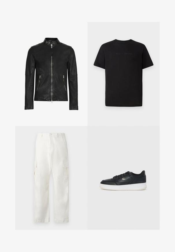 Μαύρο δερμάτινο μπουφάν με ψηλό γιακά, εμπρός κλείσιμο με φερμουάρ και δύο τσέπες με φερμουάρ, με απαλό υφή και στενή εφαρμογή.; Lacoste Βασικό μπλουζάκι - black; Λευκά cargo παντελόνια από βαμβάκι, με σχέδιο ίσιων ποδιών, δύο πλαϊνές τσέπες και δύο τσέπες cargo στους μηρούς.; Μαύρο δερμάτινο sneaker με λευκή σόλα, χαρακτηριστικά στρογγυλής μύτης, σχέδιο με κορδόνια και διακριτικό λογότυπο στο πλάι. Υφή που τονίζει το επάνω μέρος.