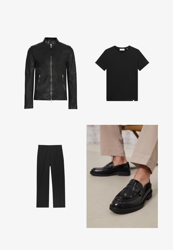 Jachetă din piele neagră cu guler înalt, închidere cu fermoar frontal și două buzunare cu fermoar, având o textură netedă și un design ajustat.; Tricou scurt cu mânecă, de culoare neagră, realizat din bumbac, cu guler tip crew și un mic logo brodat pe piept. Textură netedă, croială standard.; Pantaloni negri cu un design drept, fabricați dintr-un material neted. Au plisse în față și un sistem de închidere cu un singur buton la talie.; Loafers negre din piele cu o finisare netedă, având o curea decorativă și cusături contrastante, asortați cu pantaloni bej.