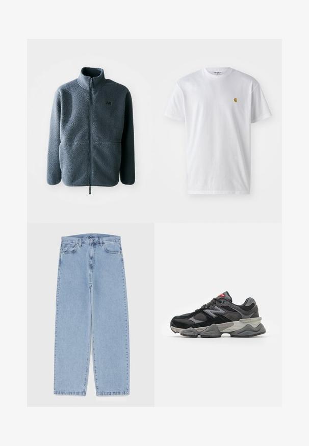 Sivi flis jakna s visokim ovratnikom, prednjim zatvaračem i dva bočna džepa. Ima teksturiranu tkaninu i mali logo na prsima.; Bijela pamučna majica kratkih rukava s okruglim izrezom, sa malim zlatnim logotipom na lijevoj strani prsnog koša. Mekana tekstura i standardni kroj.; Svijetloplave traperice s ravnim nogavicama, sa srednjim strukom, pet džepova i zatvaranjem na dugme i patentni zatvarač.; Crne i sive tenisice s kombinacijom antilopa i mrežastih materijala, debelim đonom, istaknutim logotipom i crvenim naglaskom na jeziku.