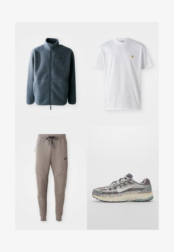Grå fleecejakke med høy krage, frontglidelås og to sidelommer. Har et teksturert stoff og en liten logo på brystet.; Hvit bomull t-skjorte med korte ermer, rund hals, med en liten gulllogo på venstre brystområde. Myk tekstur og vanlig passform.; Grå Nike joggebukser med snor i midjen, smale ben, sidelommer og distinkte sømdetaljer. Myk, teksturert stoff.; Grå treningssko med overdel i nett og semsket skinn, hvite detaljer, en polstret såle, og et særpreget design med reflekterende elementer.