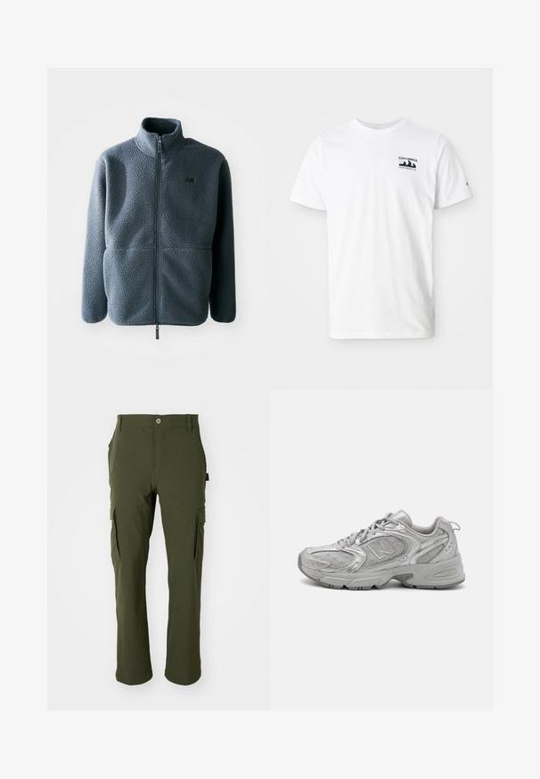 Pilkas fliso džemperis su aukšta apykakle, priekiniais užtrauktukais ir dviem šoninėmis kišenėmis. Turi tekstūruotą audinį ir mažą logotipą ant krūtinės.; Balta medvilnė marškinėliai su trumpomis rankovėmis. Kairėje krūtinės pusėje yra tamsiai mėlynas logotipas. Paprasto apvalaus kaklo dizainas, lygus paviršius.; Tamsiai žali kroviniai kelnės, pagamintos iš lengvos medžiagos. Su tiesiomis kojomis, keliais šoninėmis kišenėmis ir sagčių užsegimu juosmens srityje.; Sidabriniai sportiniai bateliai su šiuolaikiniu dizainu, tinklelio panelėmis, paminkštinta liežuvėliu, tekstūruotu sintetiniu viršumi ir guminiais padu, užtikrinančiais sukibimą.