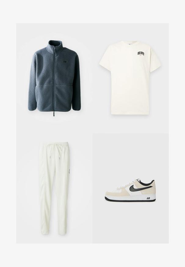 Chaqueta de forro polar gris con un cuello alto, cremallera frontal y dos bolsillos laterales. Presenta una tela texturizada y un pequeño logo en el pecho.; Camiseta de algodón color crema con mangas cortas, que presenta "NIKE SB" en texto negro y rojo en el pecho. Cuello redondo estándar.; Pantalones jogger ajustados blancos con cintura elástica y cordón, que presentan detalles en las costuras laterales y un pequeño parche negro en la pierna derecha.; Zapatillas con parte superior de ante beige claro y cuero blanco, swoosh negro de Nike, acentos negros y una suela de goma blanca con la marca "AIR".