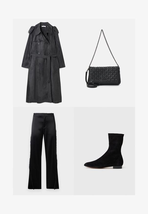 Ilgas tamsiai pilkas paltas, pagamintas iš minkšto zomšos tipo medžiagos, su dvigubais sagų užsegimais, pečių epauletėmis ir atitinkamu juosmens diržu.; Juodasis trumpas megztinis su ilgomis rankovėmis, su raukšlėtu kaklu ir rankogaliais, pagamintas iš minkštos mezgimo medžiagos. Paprastas ir negalvojamai dizainas.; Juodos satino kelnės su plačiomis kojomis, kurių šoninėse siūlėse yra kutai, o priekyje – plokščias juosmuo. Paprastas galas be kišenių.; Juoda zomšo kulkšnė su prigludusia ašimi, smailiu pirštu ir žemu bloku. Lygus paviršius ir minimalistiškas dizainas, tinkantis įvairiems stiliams.; Juodas apklijuotas odinis krepšys su grandinės dirželiu, papuoštas kaukolės akcentais ir užtrauktuku. Strukturizuotas paviršius su blizgiu apdailu.