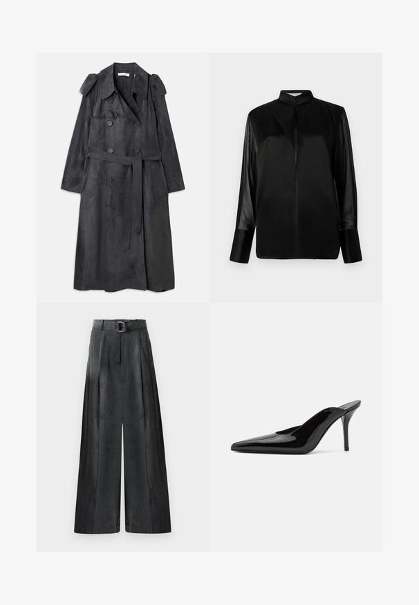 Duga tamno siva trench kaput napravljen od mekanog materijala nalik na suéd, sa dvostrukim dugmadima, epauletama na ramenima i odgovarajućim pojasom.; Crna bluzica s podignutim ovratnikom, dugim prozirnim rukavima, detaljem mašne na vratu, izrađena od glatkog satenskog materijala, s prednjim zatvaranjem na gumbe.; Hlače širokog kroja u tamnosivoj boji, s glatkom teksturom, plisiranim detaljima i remenom sa srebrnom kopčom na visokom struku.; Crne lakirane kožne visoke potpetice mule s šiljastim prstom i elegantnom siluetom, s otvorenom poleđinom i vitkom stiletto potpeticom.