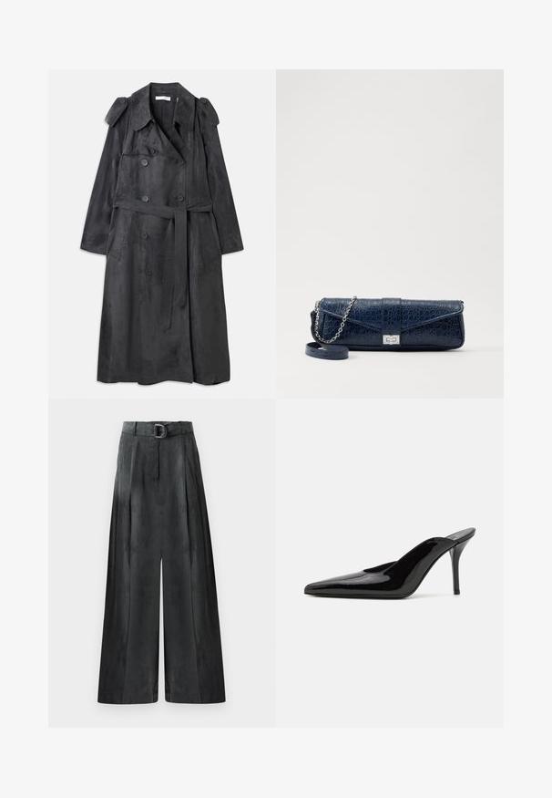 Trench coat largo de color gris oscuro hecho de un material suave similar al ante, con botones de doble botonadura, hombreras y un cinturón a juego.; Blusa negra con cuello alto, mangas largas transparentes, detalle de lazo en el cuello, hecha de suave tela satinada, cierre frontal con botones.; Pantalones de pierna ancha en gris oscuro, con una textura suave, pliegues y un cinturón con una hebilla plateada en la cintura alta.; Mule de charol negro con tacón alto, punta afilada y una silueta elegante, con un escote abierto en la parte posterior y un tacón de aguja delgado.; Clutch de piel azul marino con textura de cocodrilo, correa de cadena plateada y cierre metálico. Forma rectangular con diseño plegable.