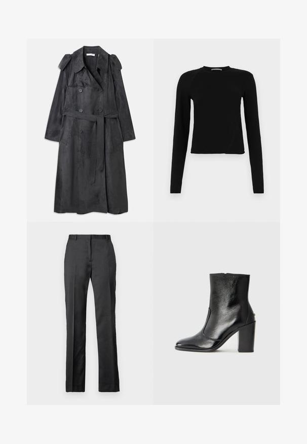 Lang mørkegrå trenchcoat lavet af blødt suede-lignende materiale med dobbelte knapper, skulderbånd og et matchende taljebælte.; Sort langærmet crop top lavet af blødt stof, med en rund halsudskæring og en let asymmetrisk kant med en subtil logo-detail.; Skræddersyede sorte bukser fremstillet af et glat stof. Har en lige ben-design, flad front og diskret strækdetalje.; Sorte læder ankelstøvler med en glat overflade, spids tå og en chunky høj hæl. Har en sidelukning og minimalistisk design.