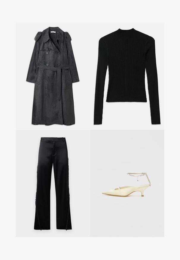 Lang, donkergrijze trenchcoat gemaakt van zacht suede-achtig materiaal met dubbelzijdige knopen, schouderepauletten en een bijpassende taille riem.; Zwarte geribbelde lange mouw top met een hoge hals en een aansluitende pasvorm, met verticale textuur en stiksel details op de schouders.; Zwarte satijnen broek met brede pijpen, voorzien van franjes langs de zijnaden en een platte tailleband aan de voorkant. Eenvoudige achterkant zonder zakken.; Puntige, gele satijnen slingback schoen met een lage hak en een decoratieve enkelriem met ketting, voorzien van rhinestones. Soepele textuur, minimalistisch ontwerp.