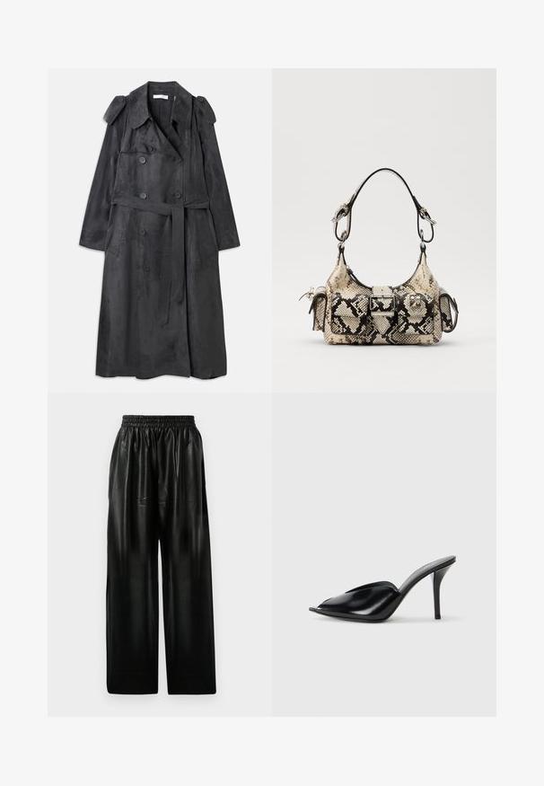 Palton lung de culoare gri închis, confecționat dintr-un material moale similar cu suede, cu nasturi cu dubla închidere, epauleți pe umeri și o curea asortată la talie.; Bluză neagră, scurtă, cu mâneci lungi și guler înalt. Fabricată dintr-un material elastic, dispune de o închidere cu fermoar pe spate și slituri laterale.; Pantaloni largi din piele neagră cu talie elastică, având două buzunare laterale și o textură netedă și lucioasă.; Mule-uri negre din piele cu toc înalt, cu vârf deschis, design ascuțit, textură fină și toc subțire stiletto.; Geantă de mână Python-print, în nuanțe de bej și negru, având o formă structurată, detaliu cu cataramă și două mânere pentru umăr. Suprafață texturată.