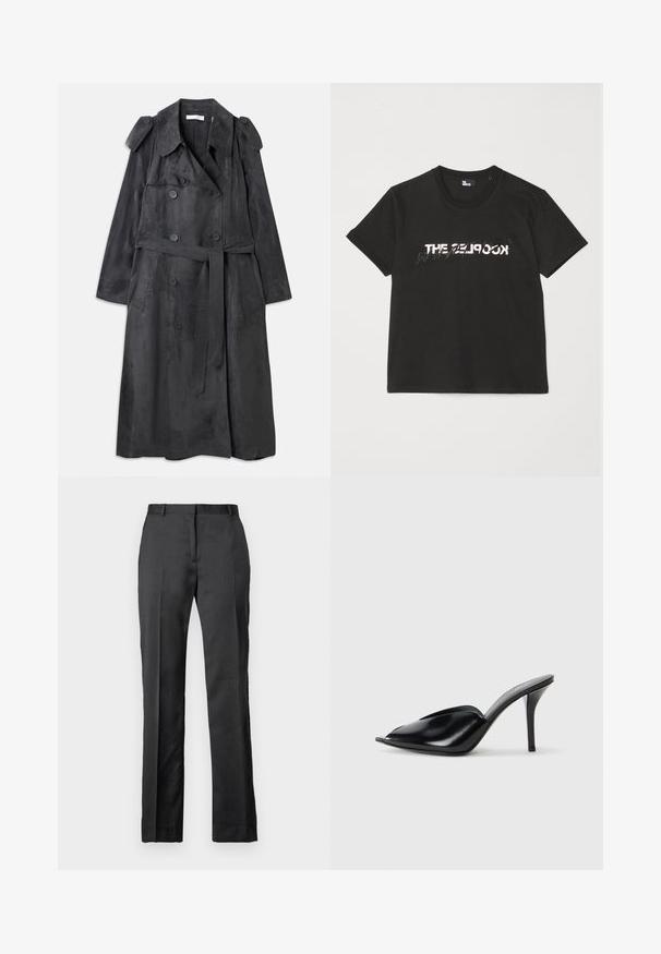 Langer, dunkelgrauer Trenchcoat aus weichem, wildlederähnlichem Material mit doppelreihigen Knöpfen, Schulterklappen und einem passenden Taillengürtel.; Schwarzes Baumwoll-T-Shirt mit kurzen Ärmeln, das ein gedrucktes weißes und graues "THE 2LOOK"-Design auf der Vorderseite zeigt. Klassischer Rundhalsausschnitt.; Maßgeschneiderte schwarze Anzughose aus glattem Stoff. Sie zeichnet sich durch ein gerades Bein, eine flache Front und dezente Faltendetails aus.; Schwarze Leder-High-Heels mit offener Zehenpartie, spitzem Design, glatter Textur und schmalem Stiletto-Absatz.