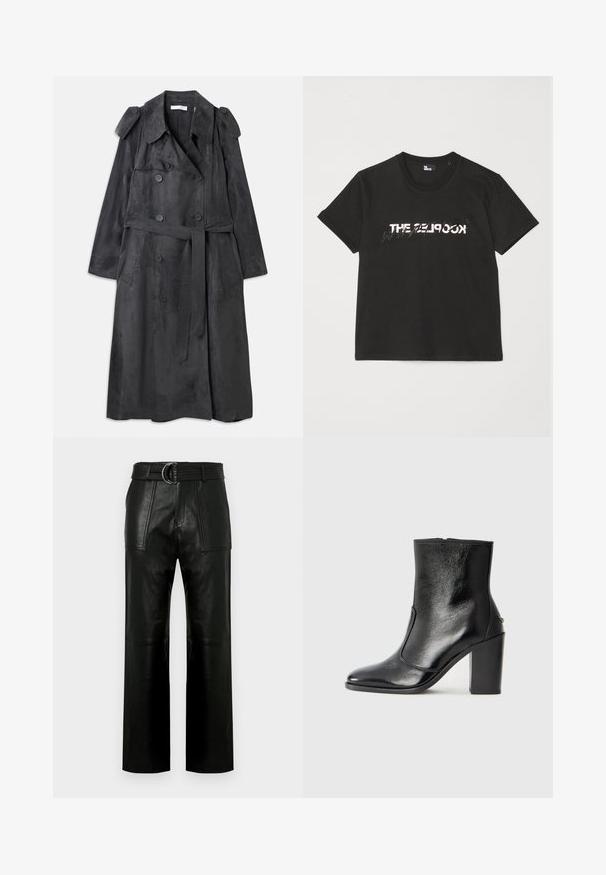 Long dark gray trench coat made of soft suede-like material with double breasted buttons, shoulder epaulettes, and a matching waist belt.; Black cotton t-shirt with short sleeves, featuring a printed white and gray "THE 2LOOK" design across the front. Classic crew neck.; High-waist black leather pants with wide legs, large front patch pockets, and a matching belt with double-ring buckle.; Black leather ankle boot with a smooth texture, pointed toe, and a chunky high heel. Features a side opening and minimalistic design.