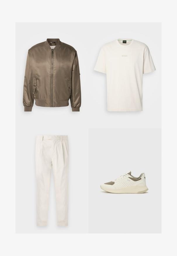 Casaco bomber de cetim castanho com fecho de correr na frente, punhos canalé e dois bolsos laterais, apresentando um design clássico e uma textura suave.; BOSS TEE - T-shirt básica - open white; Calças brancas pregueadas com um corte ajustado, apresentando uma textura suave, passantes de cinto e pernas afuniladas. Sem bolsos visíveis ou padrões.; Sapatilha atlética branca e bege claro, com parte superior em malha, detalhes perfurados e uma entressola texturizada com marcação no calcanhar.