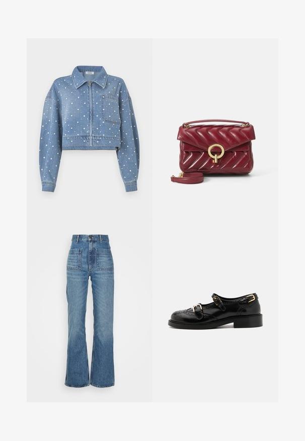 Rövidített farmerdzseki világoskék árnyalatban, ezüst és fehér pöttyös díszítéssel, elől cipzárral, hegyes gallérral és mellzsebbel.; Rövidített gombos ing világoszöld és fehér kockás mintázatban. Fehér gallérral és gombos mandzsettával ellátott hosszú ujjakkal rendelkezik. Puha anyag.; Magas derekú kék farmernadrág, szélesített lábbal, két elülső zsebbel és két hátsó zsebbel; texturált anyag, kopott hatású mosással.; Fekete bőrcipők brogue díszítéssel, két csattal, lekerekített orral és alacsony sarokkal. Simább felület fényes kivitelben.; Burgundy bőr kézitáska chevron steppeléssel, arany kör alakú fém részletekkel, felül fogható kézi sürgősséggel és állítható vállpánttal. Kompakt és strukturált dizájn.