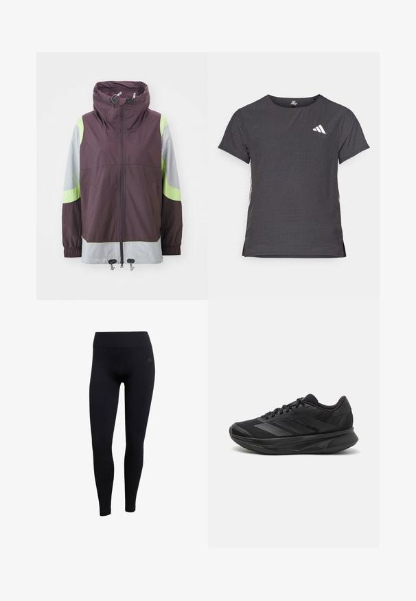 adidas by Stella McCartney Trainingsvest - mineral red/pulse lime; Korte mouwen sport t-shirt, donkergrijs met geperforeerde textuur. Bevat een wit logo en contrasterende zijstrepen. Ronde halslijn.; Zwarte sportleggings van rekbaar materiaal, met een hoge tailleband, een aansluitend ontwerp en ribbelige enkelmanchetten. Subtiele merklogo.; Zwarte hardloopschoen met een ademende mesh bovenkant, ronde neus, slank ontwerp, textuuraccenten en een gevoerde zool voor comfort.