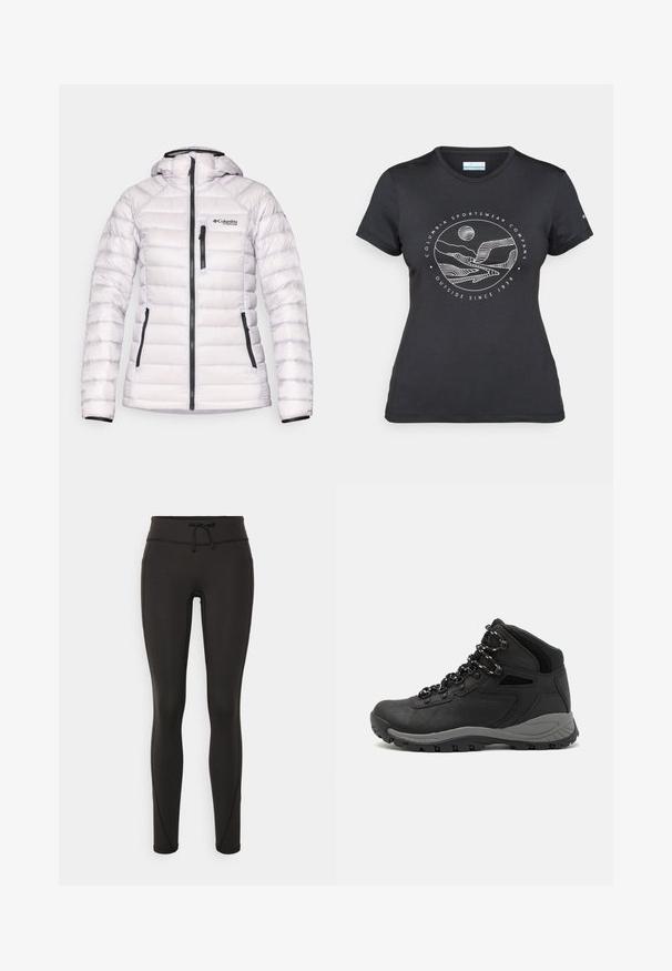 Lightweight white puffer jacket with hood, featuring horizontal quilted pattern, black zippers, and Columbia Titanium branding.; Black Columbia t-shirt with white circular mountain and river line art and text "Columbia Sportswear Company Outside Since 1938."; Black leggings with a high waistband, drawstring, smooth texture, and fitted design. Features stitching details along the sides.; Black hiking boot with a mid-top design, featuring a textured upper, gray accents, and durable rubber sole with traction lugs.