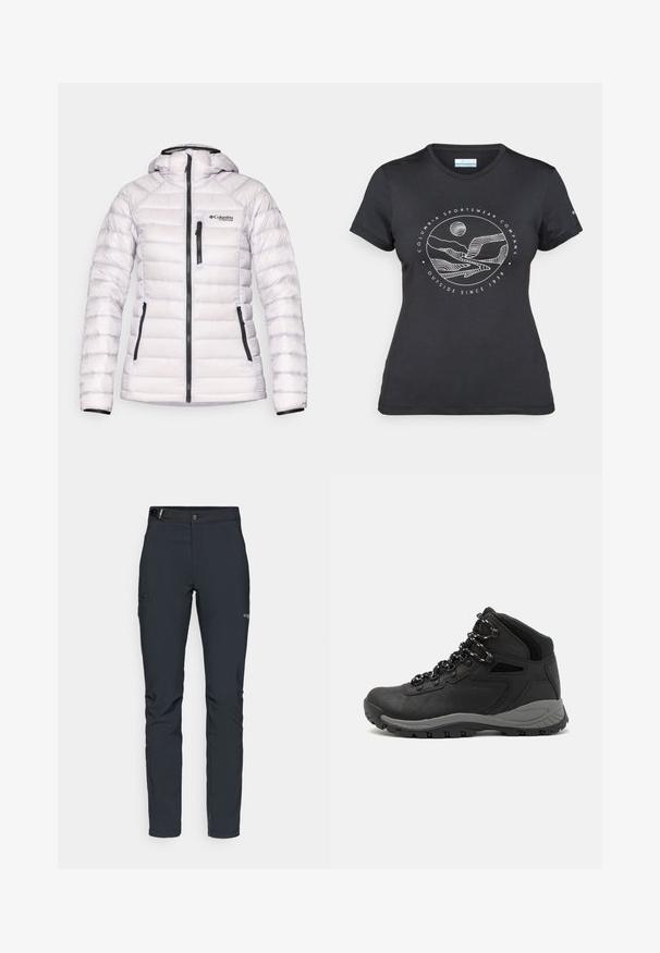 Gaišs, viegls pufis ar kapuci, ar horizontālu quiltēšanas rakstu, melnām zip-iegūtnēm un Columbia Titanium zīmolu.; Melnā Columbia T-kreklā ar baltu apļa kalnu un upes kontūru mākslu, kā arī tekstu "Columbia Sportswear Company Outside Since 1938."; Vīriešu āra bikses, tumši pelēkā krāsā, izgatavotas no elastīga materiāla, ar jostu, kabatām ar rāvējslēdzēju un pastiprinātām šuvēm.; Melni pārgājienu zābaki ar vidēju augstumu, ar teksturētu augšdaļu, pelēkiem akcentiem un izturīgu gumijas zoli ar saķeres izvirzījumiem.