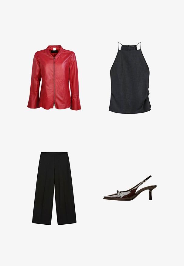 Rote Lederjacke mit Reißverschluss an der Vorderseite, Stehkragen und weit ausgestellten Ärmeln. Glatte Textur mit minimalen Nähten und ohne sichtbare Metallteile.; Schwarzes Halftertop aus leichtem, strukturiertem Stoff. Hat eine lockere Passform, kontrastierende weiße Träger und ein dezentes Drapierungsdetail auf einer Seite.; Schwarze, weit geschnittene Hosen aus weichem Stoff, mit hohem Bund und Falten, die eine glatte Textur und keine sichtbaren Verzierungen aufweisen.; Braune Lackleder-Slingback-Schuhe mit spitzem Zehenbereich, niedrigem Absatz und einer dekorativen Schleifenakzent an der Vorderseite. Glatte, glänzende Textur.