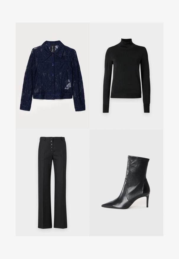 Jachetă din dantelă în navy închis, cu guler, mâneci lungi și nasturi purpurii. Design texturat cu modele florale și croială scurtă.; Pulover negru cu mânecă lungă și guler tip colier, cu manșete și tiv cu elastic, expus pe un fundal alb simplu.; The Kooples PANTALON - Pantaloni - black; Bocanci negri până la gleznă, din piele netedă, cu vârf ascuțit, arbore ajustat și toc subțire înalt. Design minimalist, fără hardware vizibil.