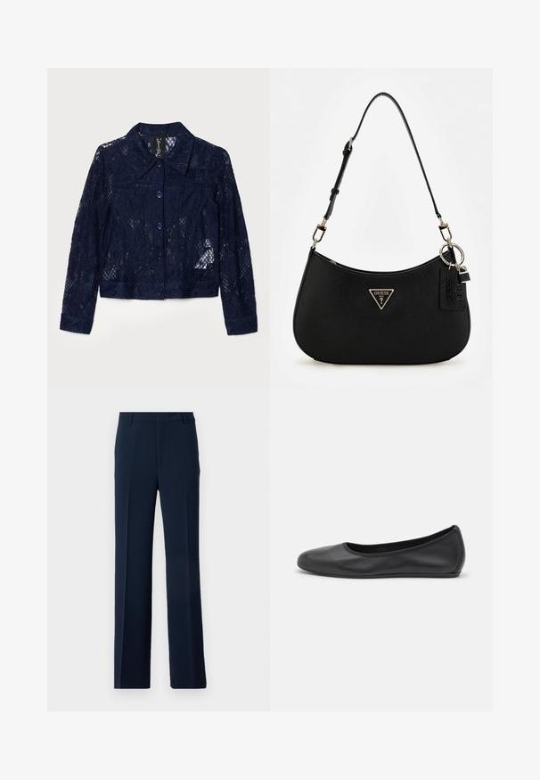 Jachetă din dantelă în navy închis, cu guler, mâneci lungi și nasturi purpurii. Design texturat cu modele florale și croială scurtă.; Tricou alb din bumbac, cu guler rotund și mâneci scurte, având o croială lejeră și un design minimalistic. Eticheta este vizibilă la gât.; Pantaloni bleumarin din material neted, cu un design drept, dotat cu pliuri frontale și buzunare laterale pentru un aspect elegant.; Balerini din piele neagră, cu vârf rotund, textură netedă, detalii de cusătură minimale și un design al tălpii flexibil.; Geantă de umăr sintetică neagră cu o siluetă curbată, finisaj texturat, logo triunghiular aurie și accente hardware detașabile.