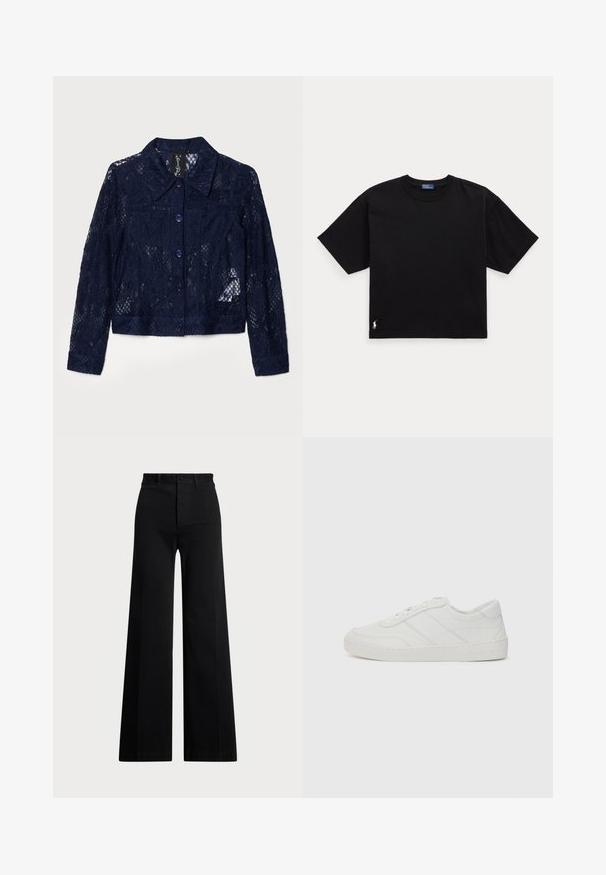 Lacejakke i mørk marineblå med krage, lange ermer og lilla knapper. Strukturert design med blomster mønstre og cropped passform.; Svart bomull t-skjorte med korte ermer, rund hals, og en liten hvit logo nederst til venstre. Klassisk, boksete passform med minimale detaljer.; Svart brede benbukser laget av vevd stoff, med høy midje, frontlukking med knapp og sidelommer. Glatt tekstur med rene linjer.; Hvit lær sneakers med flate lisser, avrundet tå og subtile sømdetaljer. Har en teksturert såle og preget merkevarelogo på hælen.