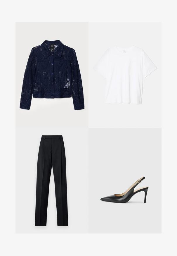 Lace jacket in dark navy featuring a collar, long sleeves, and purple buttons. Textured design with floral patterns and a cropped fit.; White cotton t-shirt with short sleeves, round neckline, relaxed fit, and stitched hem. Label visible on the inside neck.; Black trousers made from smooth fabric featuring a high waist, wide legs, front pleats, and classic belt loops. No side pockets visible.; Black leather slingback high heels with a pointed toe, adjustable strap, and a sleek stiletto heel, featuring a smooth finish.